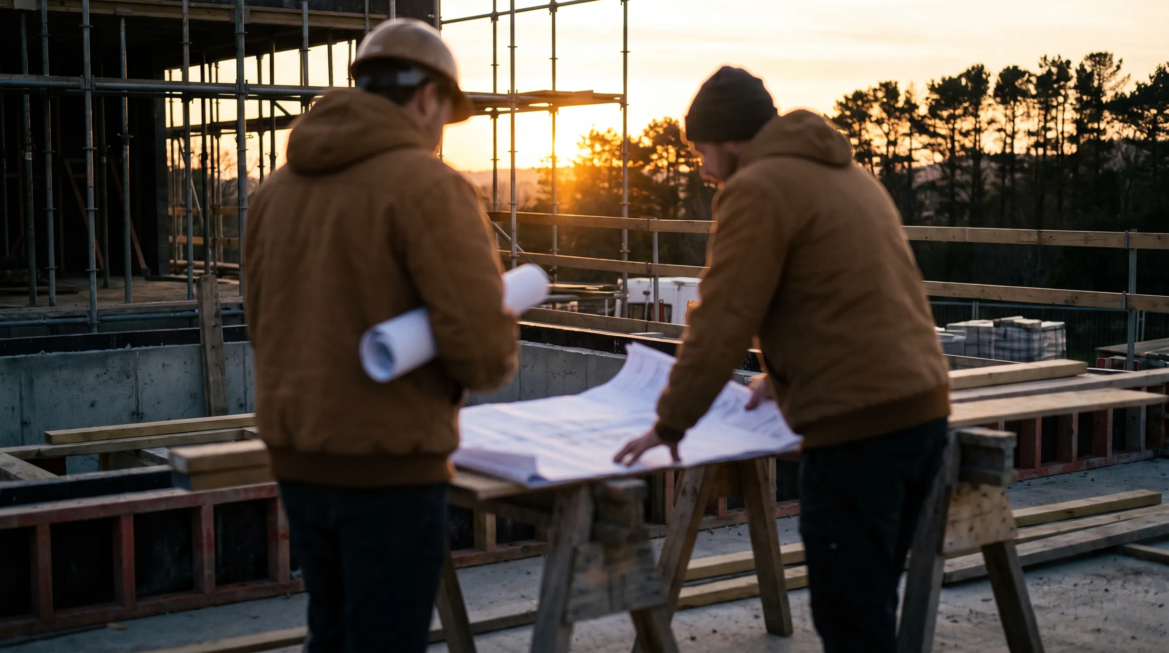 Two people reviewing architectural plans on a trestle at a hinterland building site at dusk.