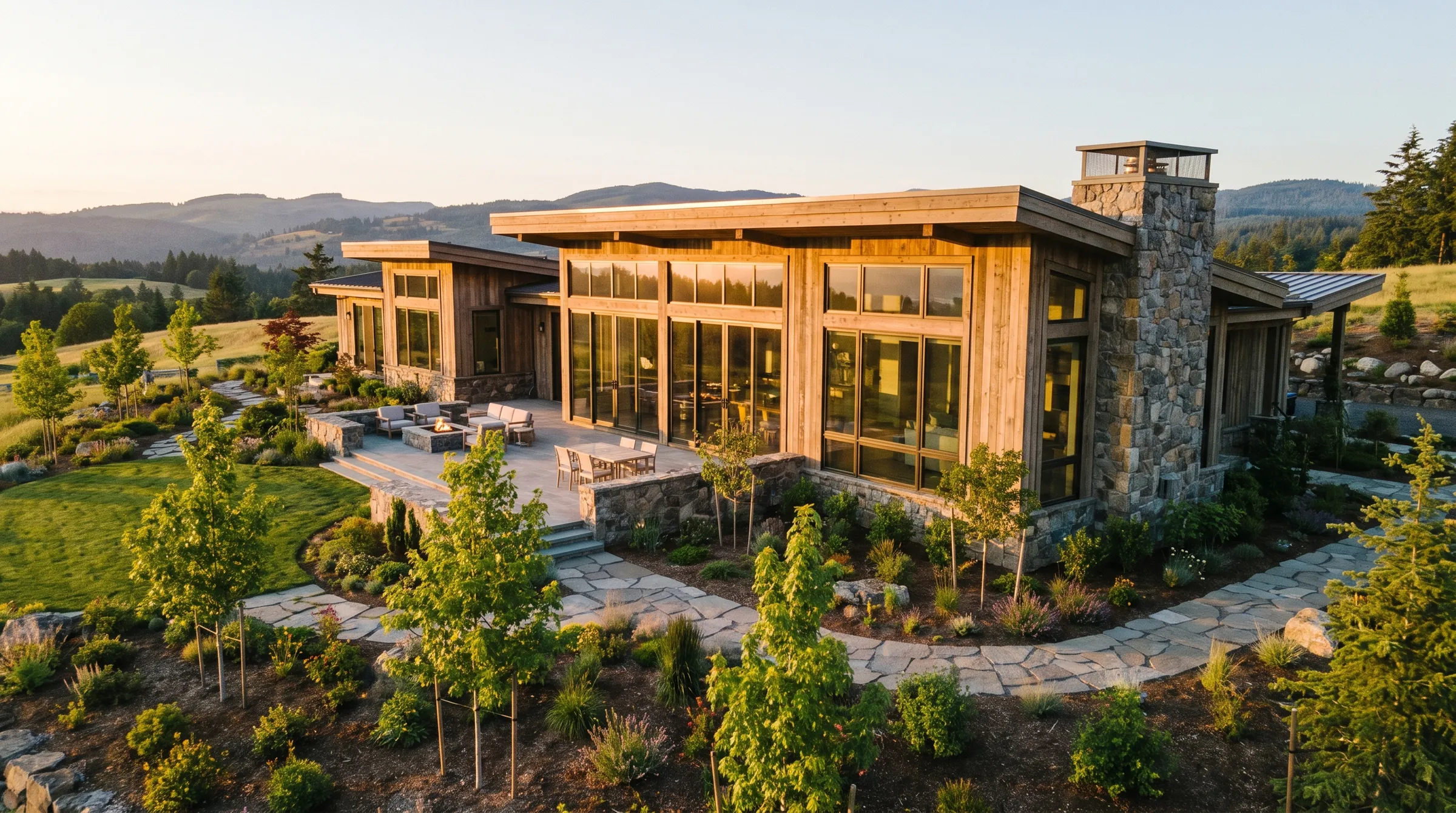 Ridgeline House, a single-storey timber and stone home with landscaped garden.