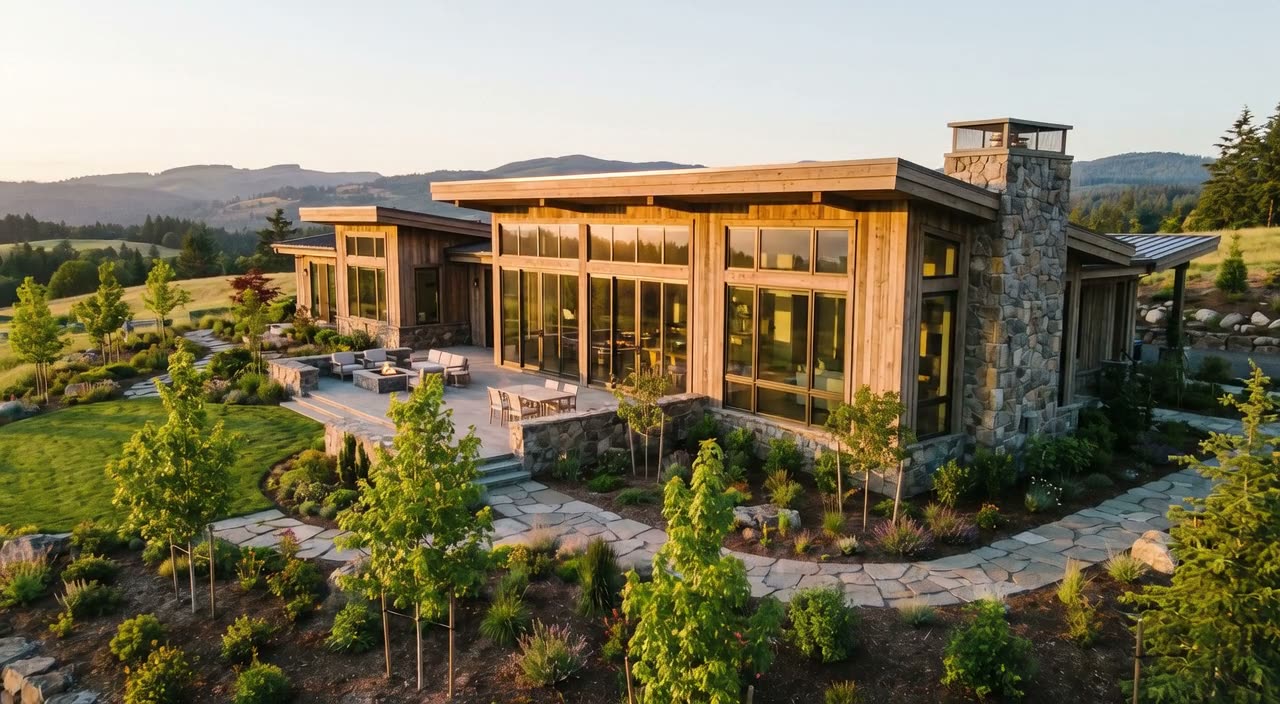 Completed house with established landscaping.