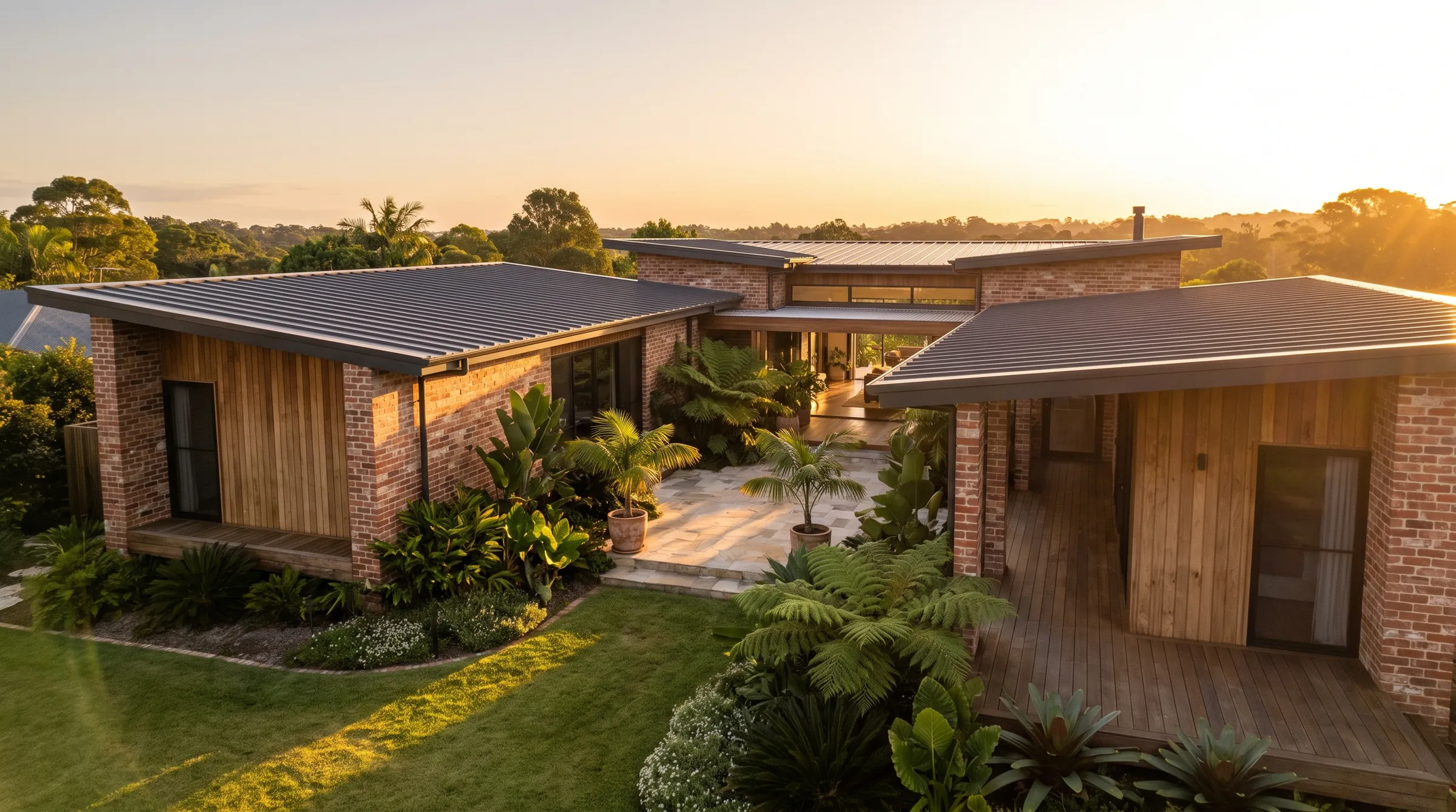 Three Pavilions, a recycled brick and spotted gum house around a planted breezeway courtyard.
